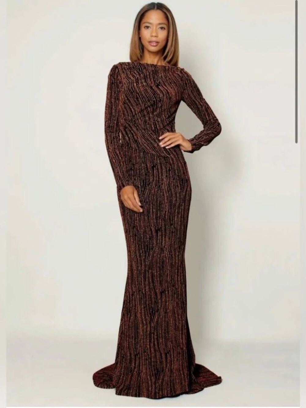 TALBOT RUNHOF Couture 16 46 COPPER JERSEY LONG SLEEVE GOWN Metallic Shimmer!